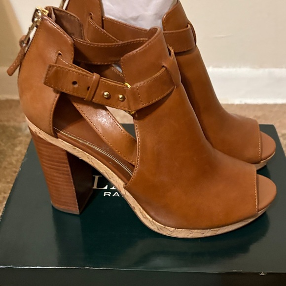 Lauren Ralph Lauren Cognac Peep-Toe Ankle Booties with Buckle Strap - Picture 4 of 6